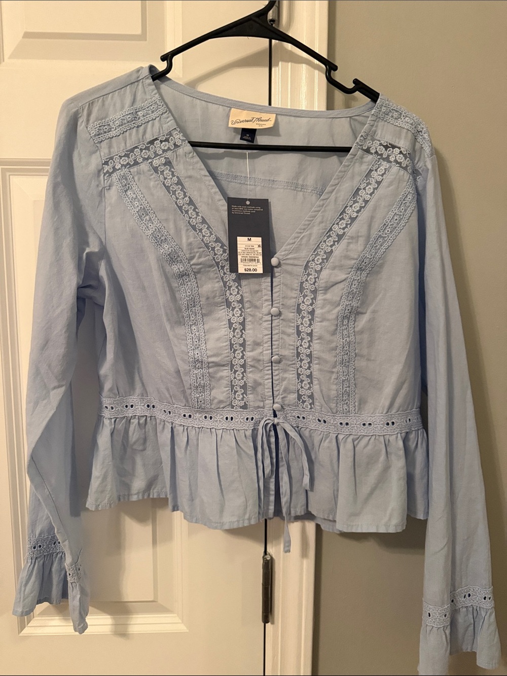 Universal Thread Pale Blue Lace-Trim Peplum Button-Front Blouse
